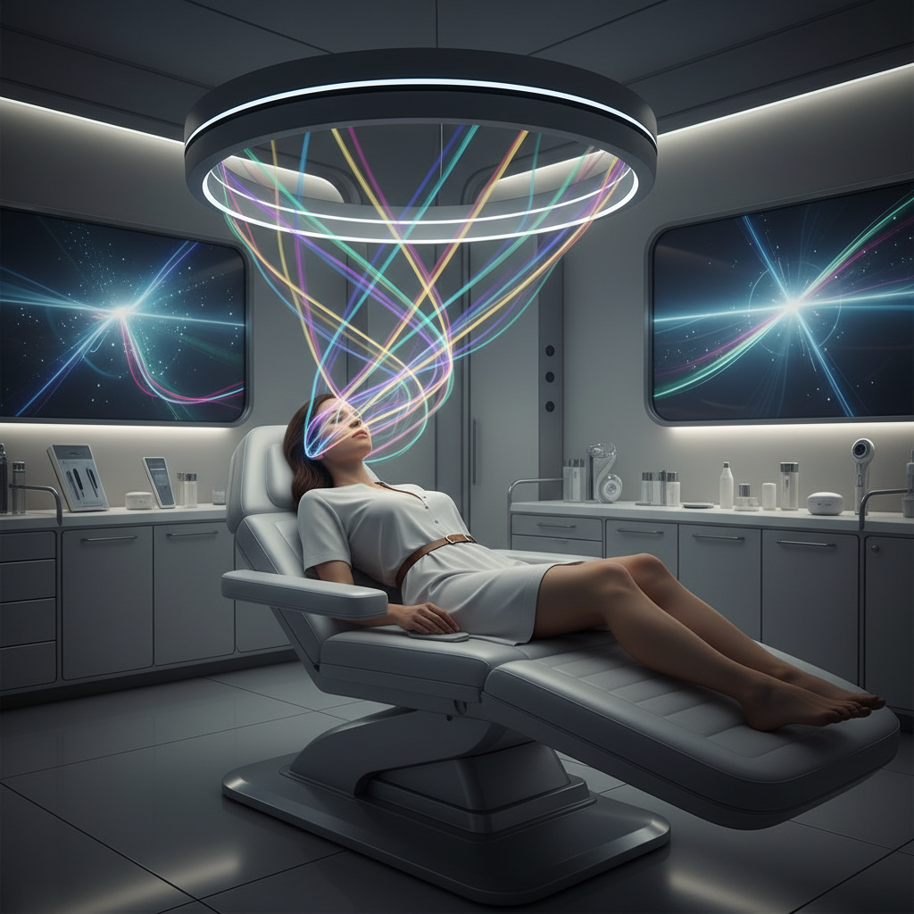 一位女士在充满未来感的美容院中接受光谱仪护理,脸上照射着五彩光芒。