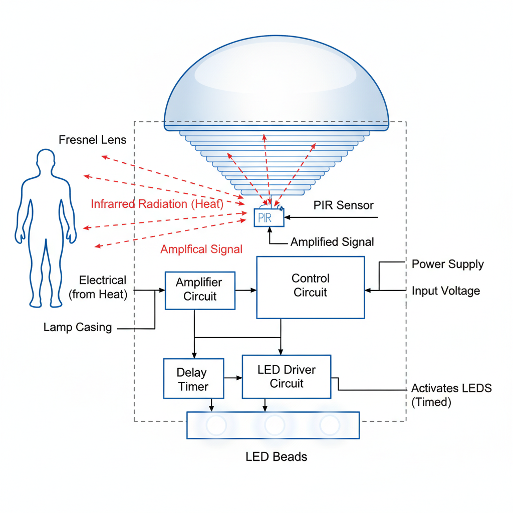 一个剖面图,展示了LED红外感应灯的工作原理。菲涅尔透镜捕获人体发出的红外线,将其聚焦到PIR传感器上。传感器将热信号转换为电信号,电信号被放大并触发控制电路。控制电路激活延时器和LED驱动电路,最终点亮LED灯珠。图内有箭头、标签和电路线条,以清晰地说明每个步骤。