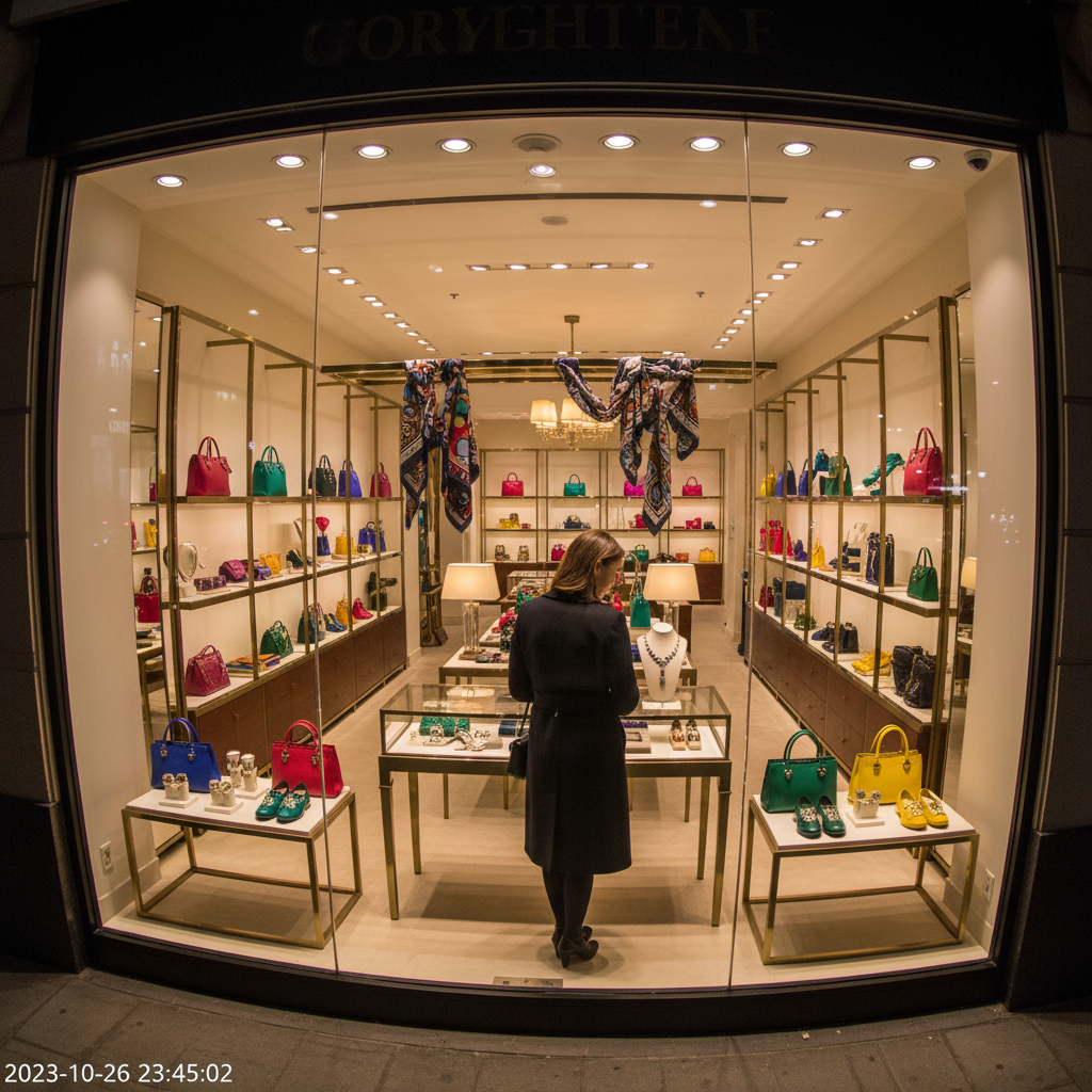 臻全彩技术在夜间精品店监控的应用，画面清晰、色彩饱满，对比传统监控画面，强调其在高端商业场所的优势。