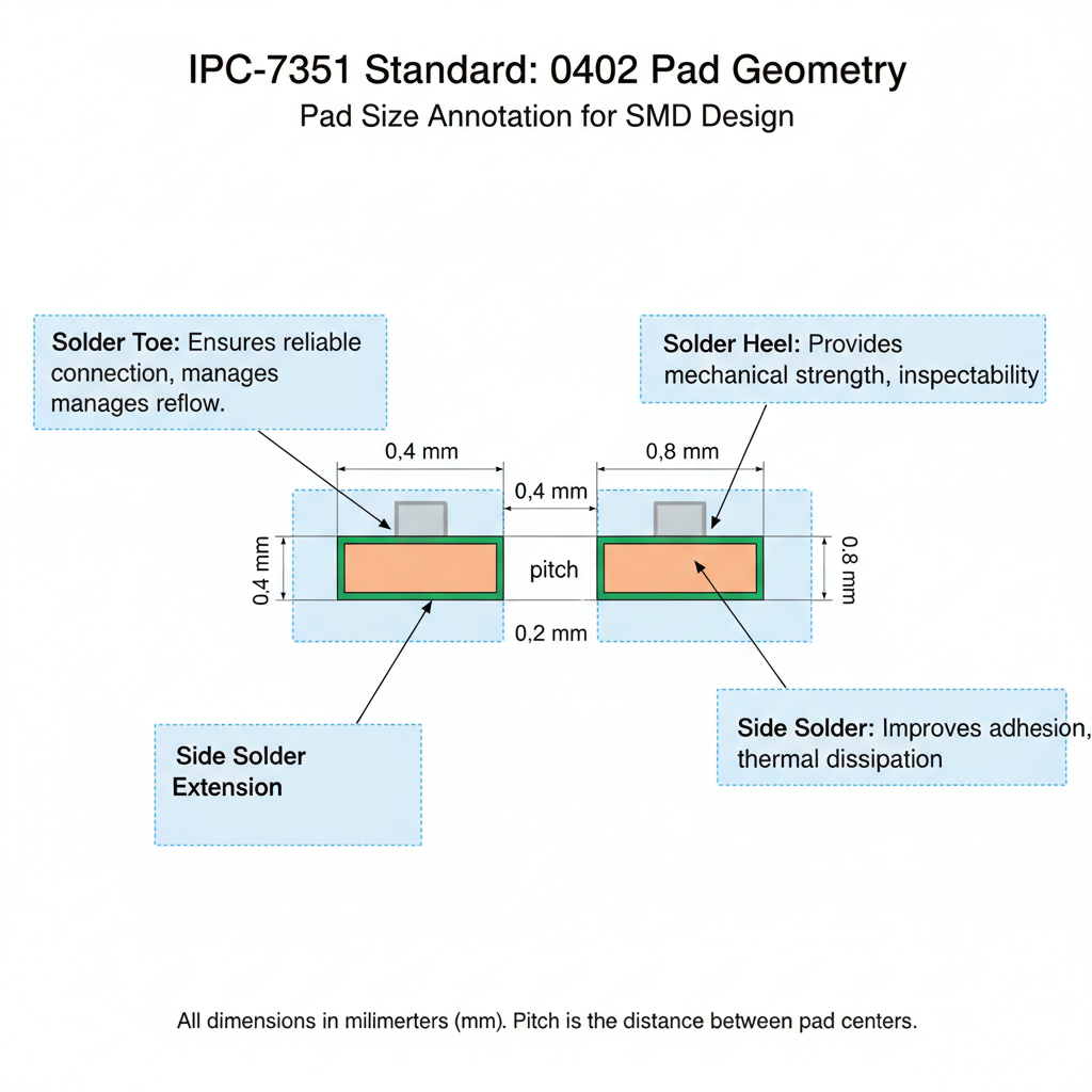 0402焊盘尺寸标注图，展示0.4mm宽度、0.8mm长度和0.2mm间距，清晰标注焊趾、焊跟和侧焊区域，解析尺寸设计原理。