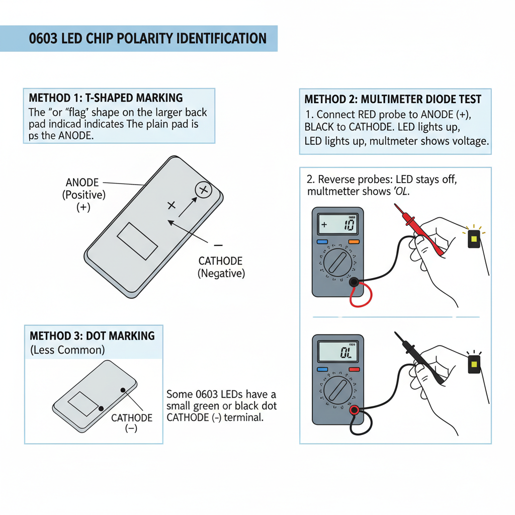 0603 LED正负极识别方法图解，展示LED背面焊盘的T形标记和万用表测试正负极的步骤