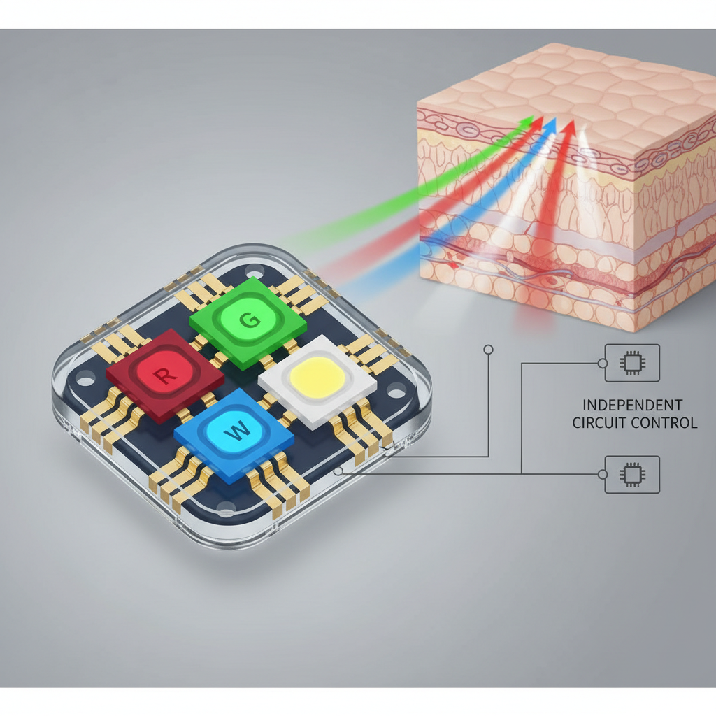 5050RGBW灯珠内部结构,清晰展示红、绿、蓝、白四色芯片及其独立电路控制,背景为皮肤剖面图,强调其多功能护肤原理