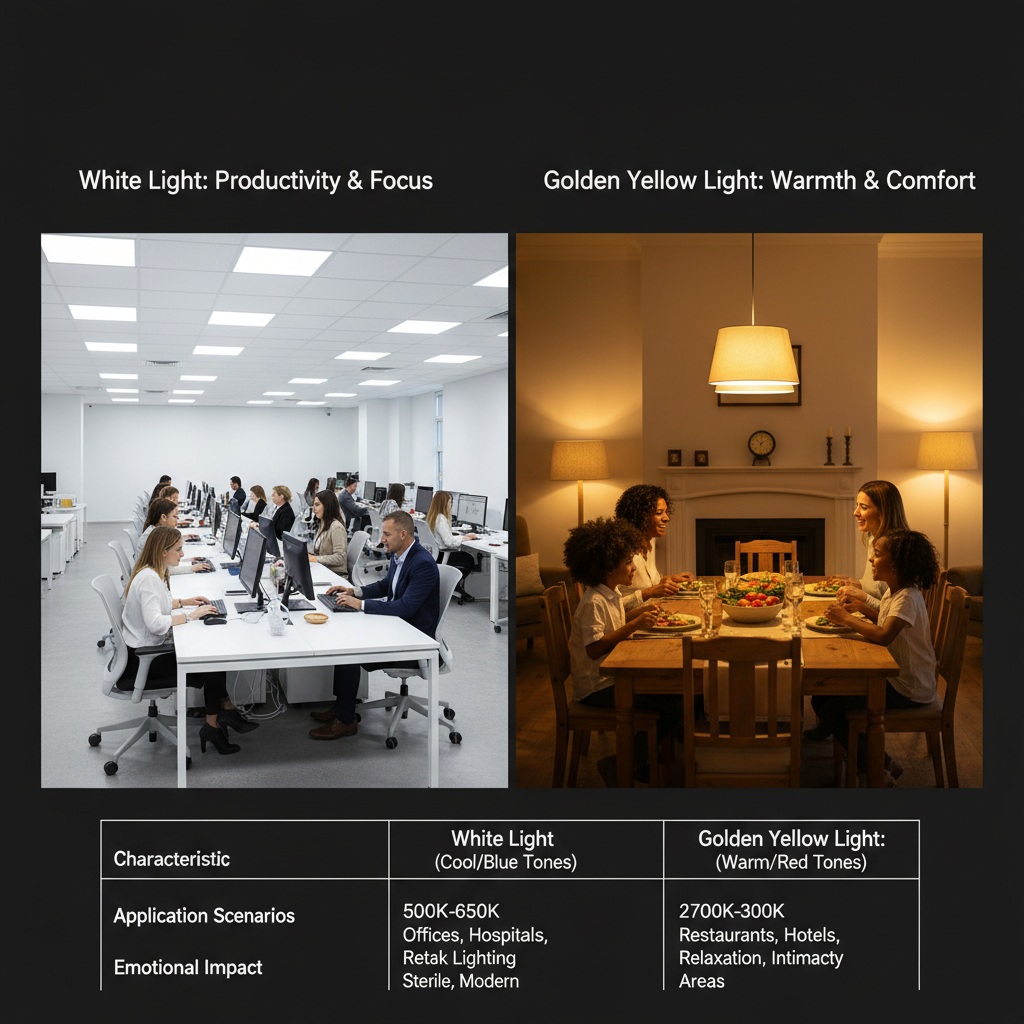 一张对比图,左侧是明亮的白光,照亮着一个高效的办公室,员工们专注地工作。右侧是金黄光,营造出温馨的家庭餐厅,家人围坐在一起用餐,气氛温馨融洽。图的下方,清晰地标注着金黄光和白光在色温、应用场景和情感影响上的区别。