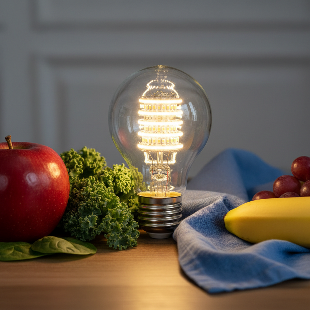 一个发光的CRI80 LED灯珠的特写,内部结构清晰可见。灯珠周围环绕着不同颜色的物体,如红苹果、绿叶蔬菜和蓝色的桌布。物体在灯光照射下颜色鲜艳、自然。画面展示CRI值决定光线的质量。
