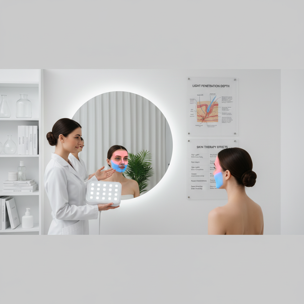 皮肤科医生手持5050RGBW4全彩美容仪,向女性演示红光抗衰老和蓝光祛痘的区域,背景有皮肤波长穿透深度图表,强调科学精准护肤