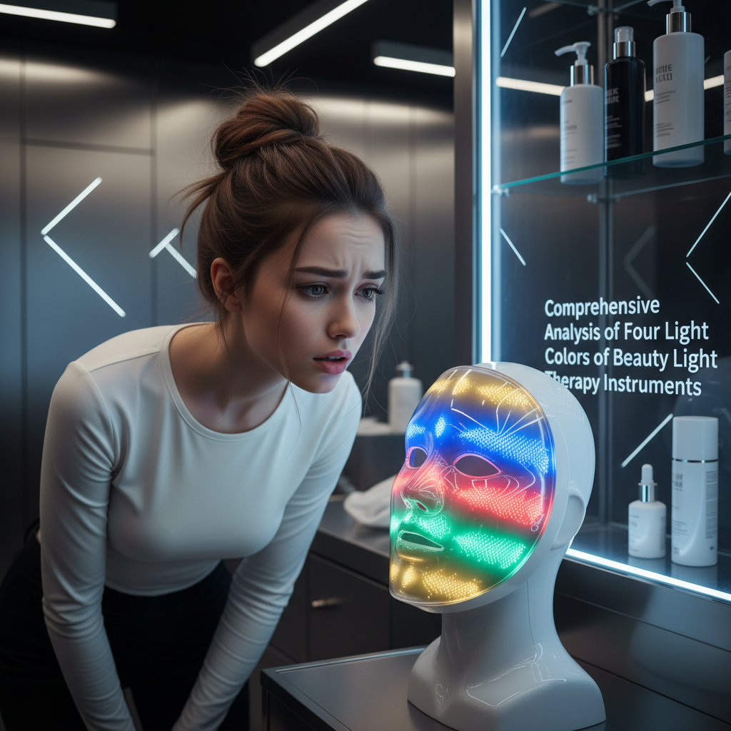 一位女生好奇地看着美容院内五光十色的LED美容面罩,面罩发出红、蓝、黄、绿光,旁边配有文字:'美容光疗仪四种灯光全解析'。