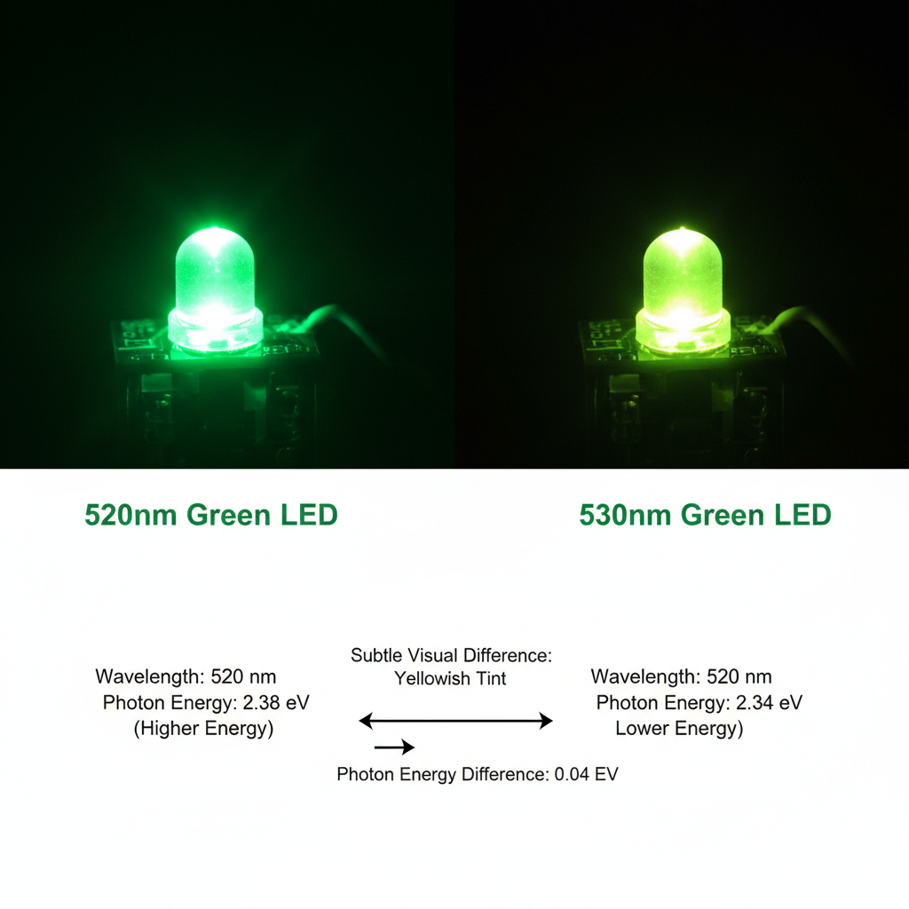 一张对比图，并排展示了520nm和530nm绿色LED的发光效果。520nm的灯光呈现纯正、鲜艳的绿色，而530nm则略带黄调。旁边图示标明了光子能量的不同。
