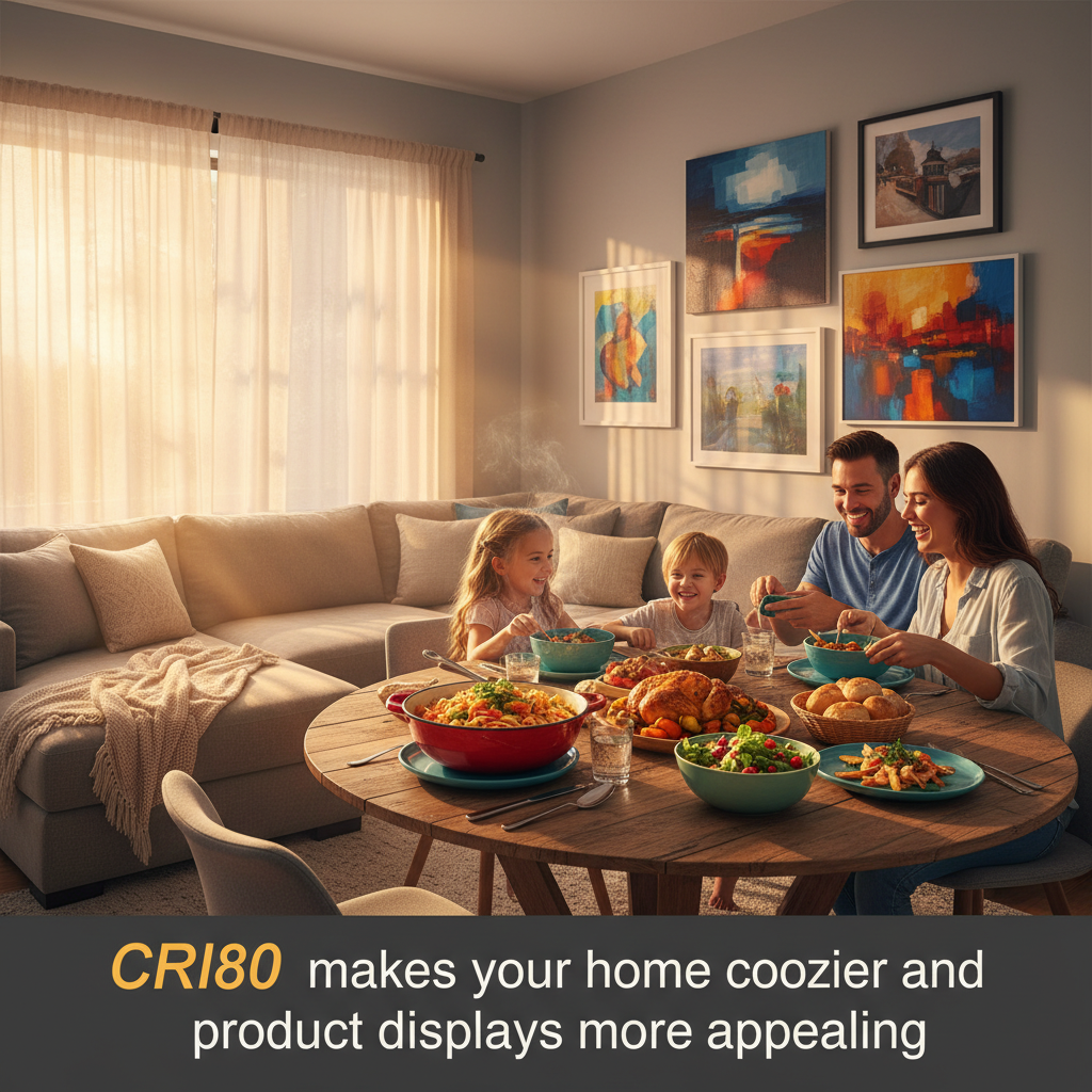 一个温馨的客厅,阳光透过窗帘洒落在沙发上。房间里,一个家庭正在享受晚餐,餐桌上的菜肴看起来色泽鲜艳,仿佛散发着诱人的香味。墙上的装饰画色彩丰富,营造出舒适的氛围。标题:CRI80让你家更温馨,商品展示更诱人。