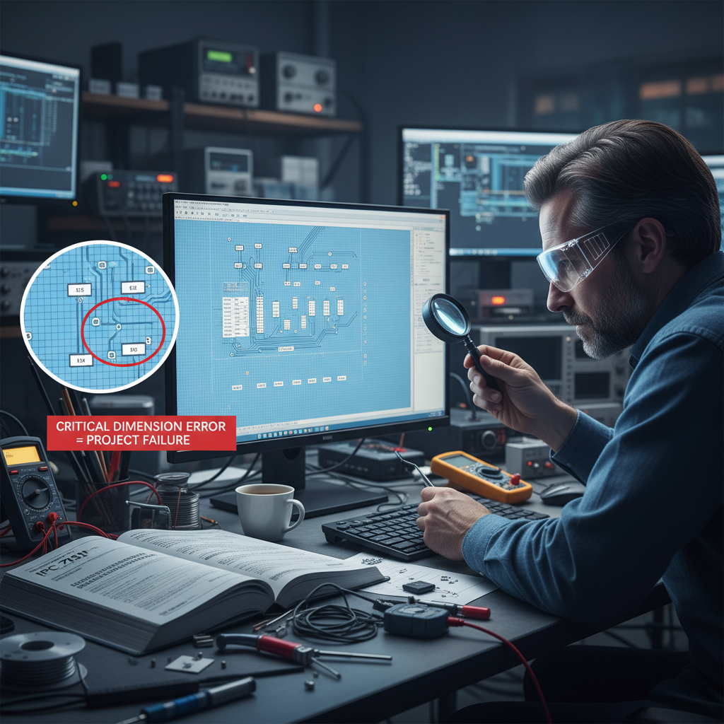 电子工程师在PCB设计桌前，专注于0402元件焊盘设计图，桌面摆放标准手册，强调焊盘尺寸对项目成败的影响。
