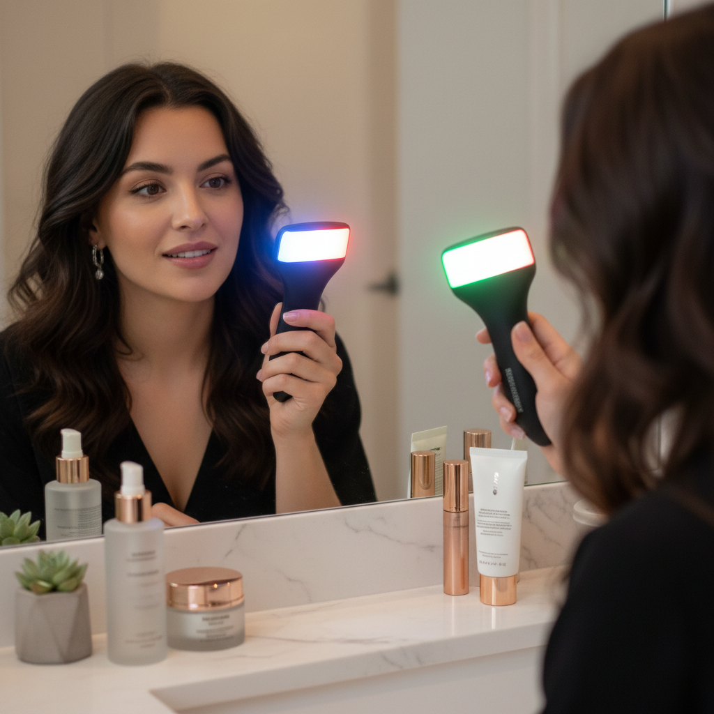时尚女性对着镜子使用5050RGBW4灯全彩美容仪,脸部反射出彩光,展现科技护肤潮流