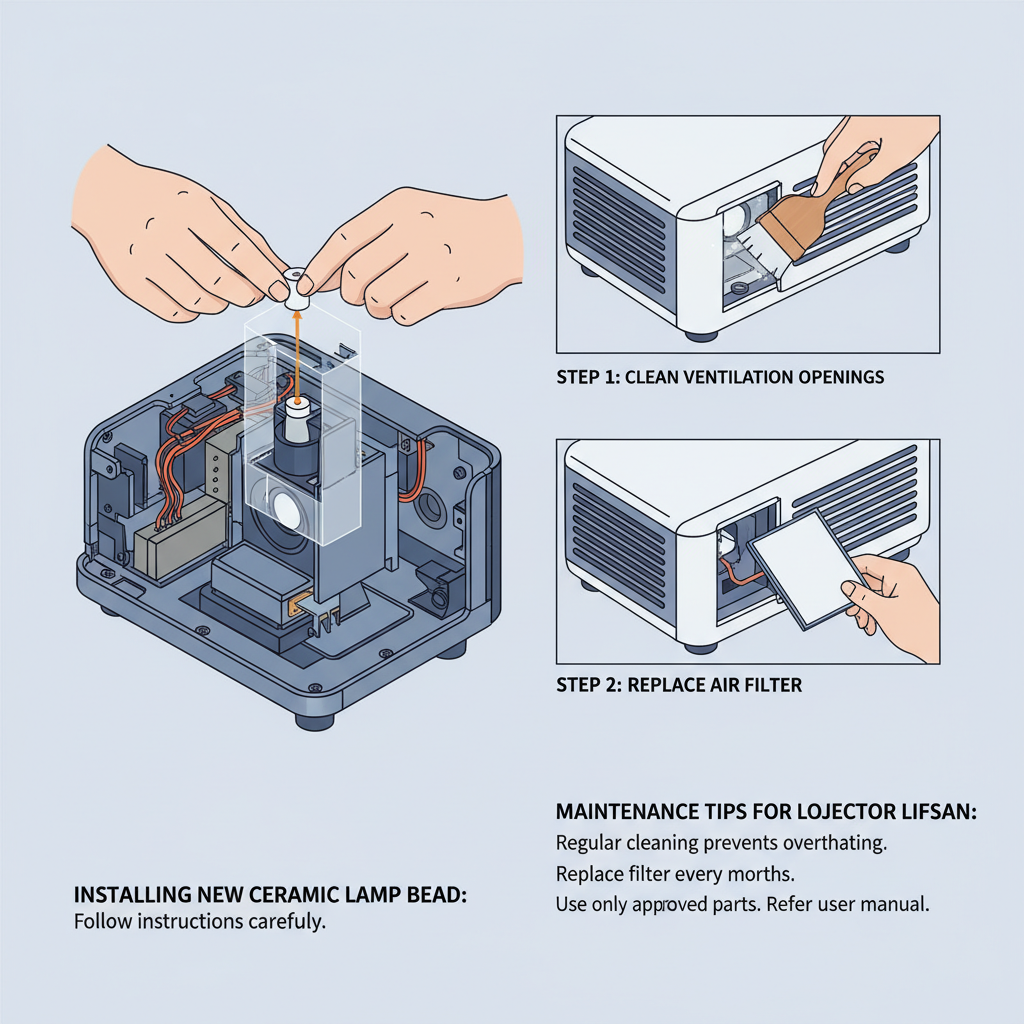 用户正在根据说明书,小心地将新的陶瓷灯珠安装到投影仪中。图示: 投影仪内部结构,展示灯珠仓、灯珠模组的正确放置。镜头特写用户的手部和灯珠,强调安装的细节。在旁边,图示定期清洁投影仪散热口和更换过滤网的步骤,配上文字说明,强调延长投影仪使用寿命的技巧和重要性。