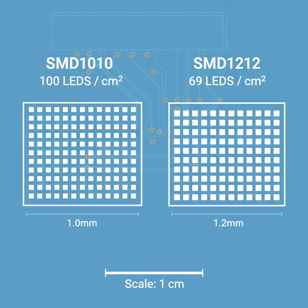 示意图展示SMD1010和SMD1212在PCB的布局密度差异