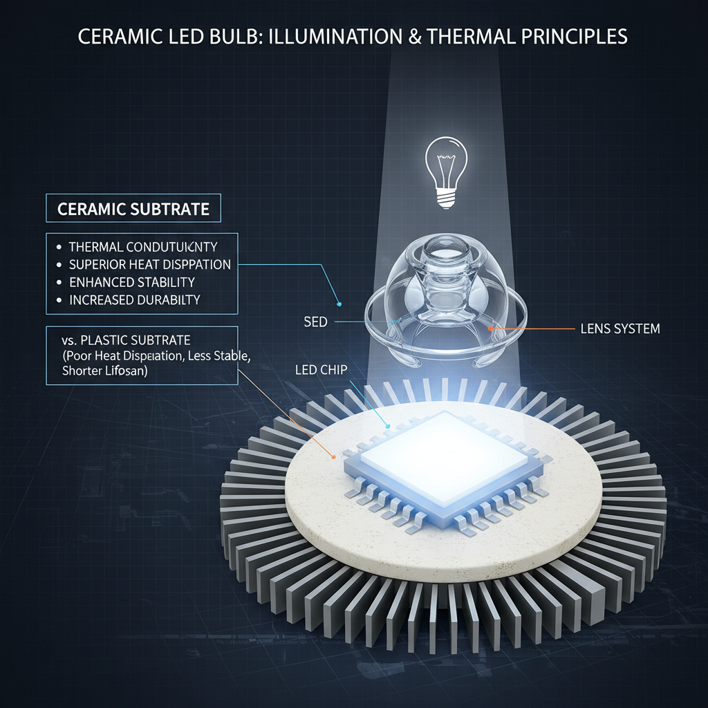 陶瓷灯珠内部结构,一个放大的 LED 芯片位于陶瓷基板上,周围是散热片。LED芯片发出强光,光线通过透镜系统后投射出图像。并与塑料基板对比,突出陶瓷基板在散热、稳定性和耐用性方面的优势,展示发光原理和关键组件。