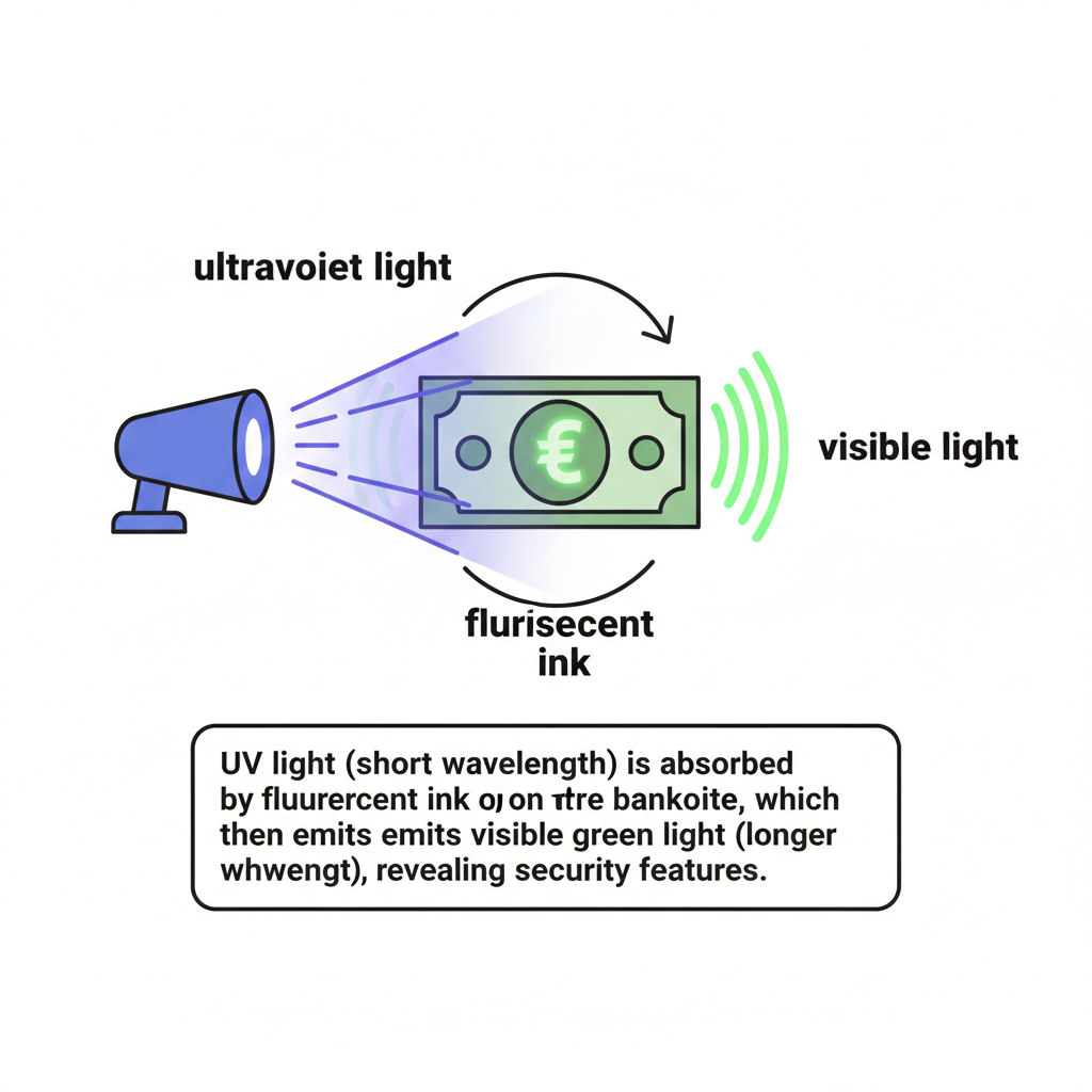 验钞紫光灯工作原理示意图,展示紫外线激发钞票荧光油墨发出可见光的过程