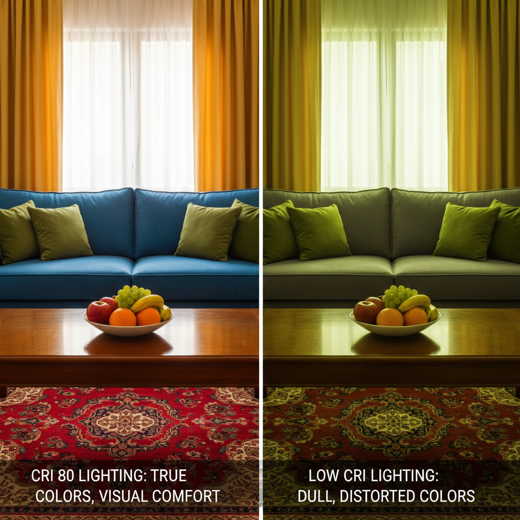 一张对比图,并排展示了两个房间:一个房间使用了CRI80的灯光,另一个房间使用了低CRI值的灯光。CRI80的房间里,色彩鲜明,物体呈现真实颜色。低CRI的房间里,色彩暗淡,物体颜色失真。画面强调视觉舒适度和色彩真实感。