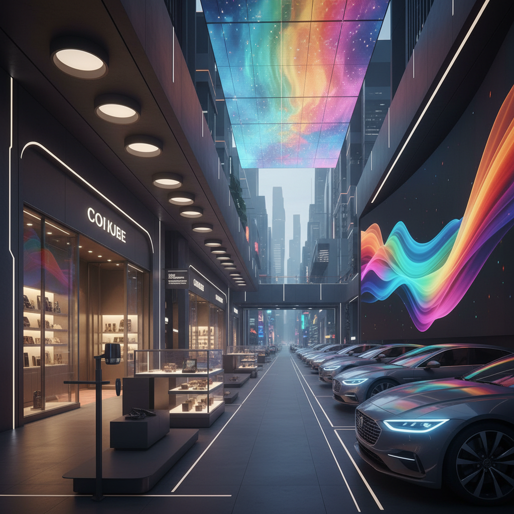 COB直视LED在商业照明、高清显示和汽车照明中的广泛应用,展示其均匀光线、高亮度和设计灵活性