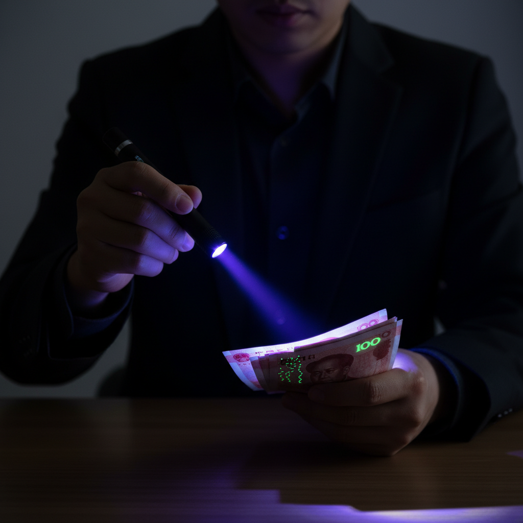 在昏暗的环境中,一位顾客使用专业的365nm波长紫光灯检查人民币,钞票上的荧光数字和纤维清晰可见,强调了验钞的专业性。