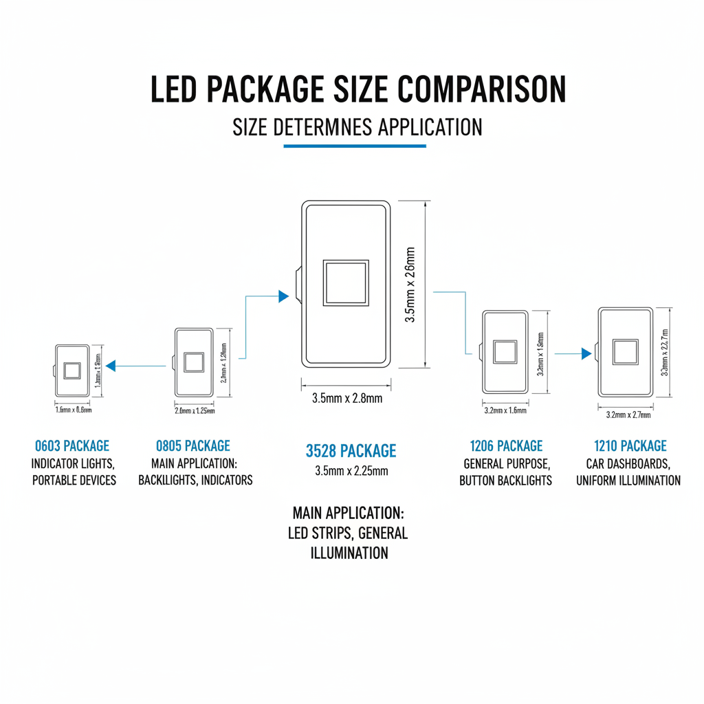 LED封装尺寸对比示意图，展示了3528、0805、0603、1206和1210等不同封装的大小与主要应用领域，突出3528封装的均衡特点