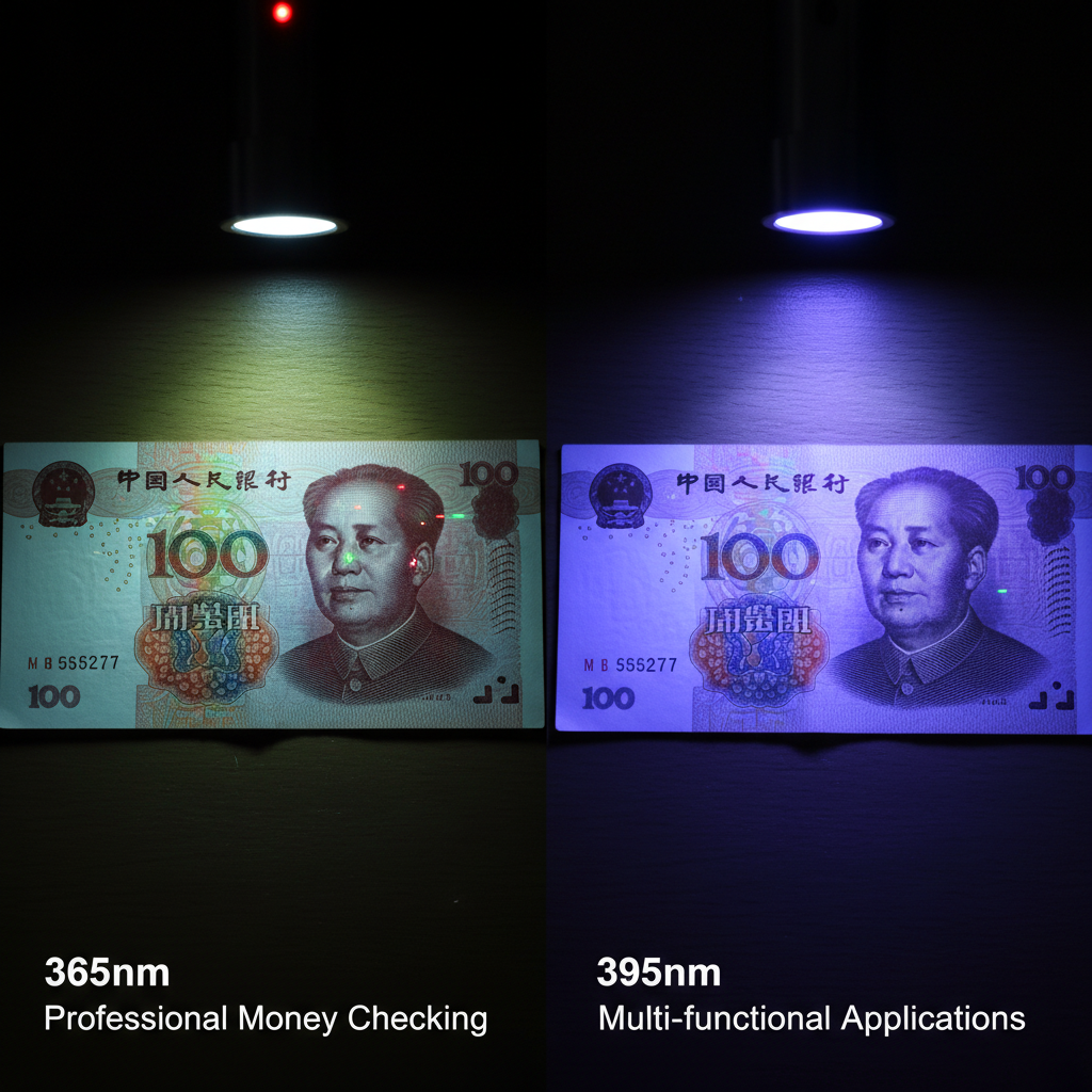 365nm和395nm紫光灯照射钞票的效果对比,突出365nm在验钞上的清晰度优势