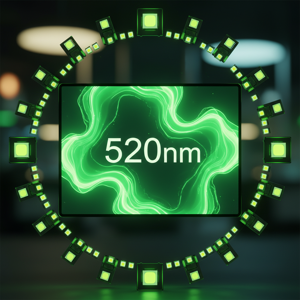 一个明亮的显示器屏幕上显示着鲜艳的绿色图像，强调520nm绿色LED的纯净和鲜艳，显示器周围环绕着各种LED灯珠，屏幕上显示数字“520nm”。