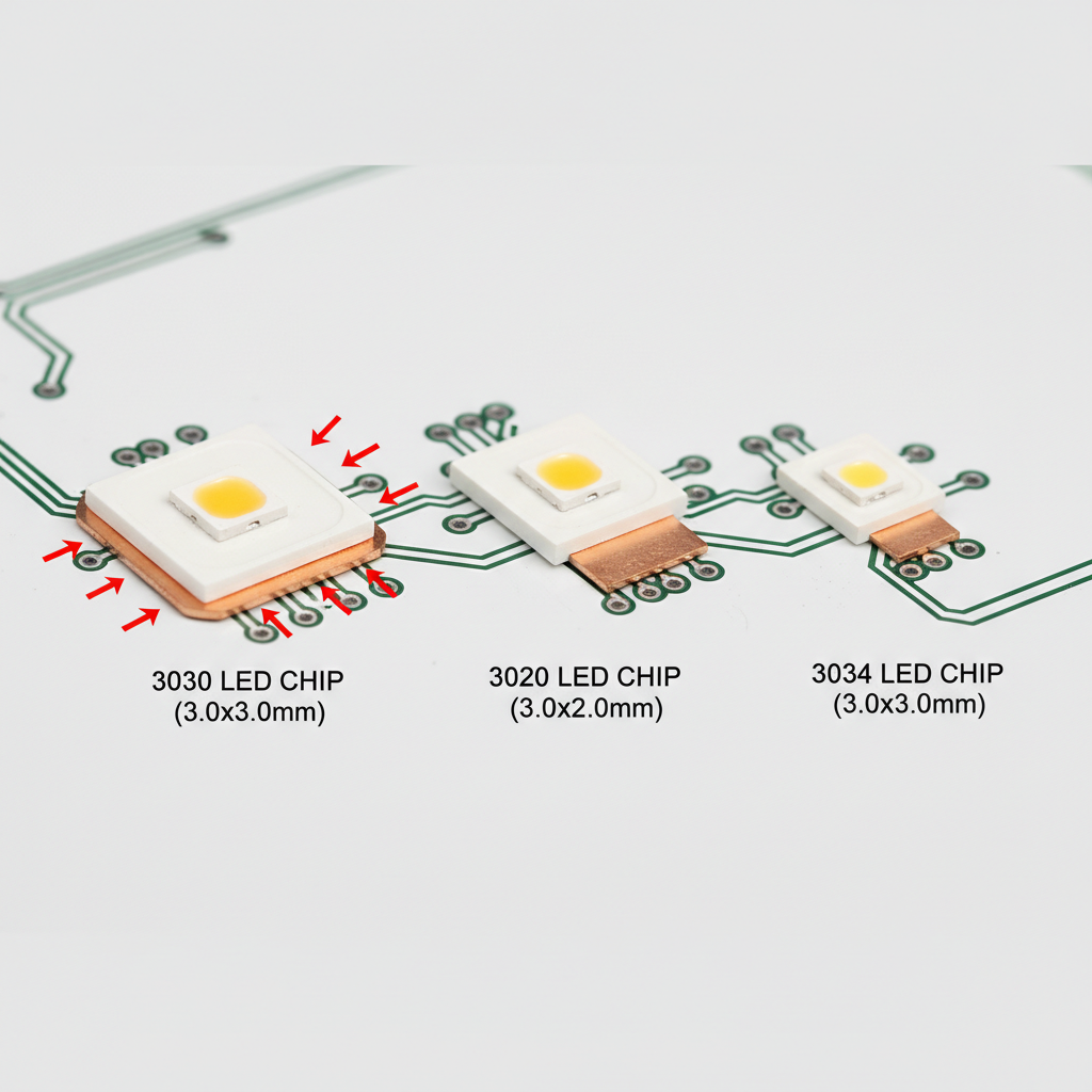 3030、3020和3014三种LED灯珠的尺寸与散热结构对比，突出3030灯珠更大的散热焊盘，示意其更优的热管理。