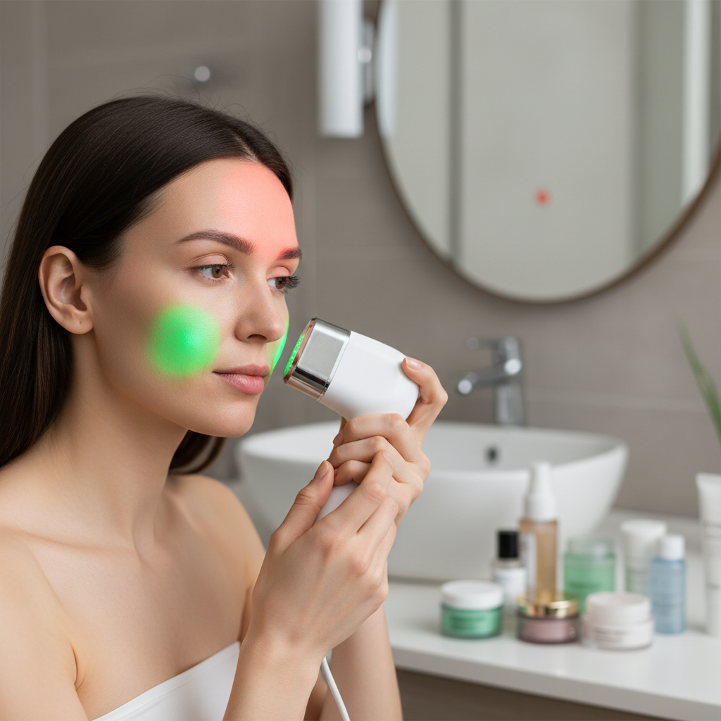 女性在浴室中使用5050RGBW4灯全彩美容仪,脸部根据不同问题区域分别使用绿光和红光,展现个性化护肤方案