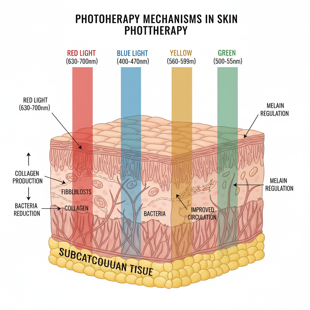 皮肤剖面图,展示红、蓝、黄、绿光不同波长穿透皮肤不同深度,作用于表皮层、真皮层、皮下组织,刺激胶原蛋白生成、杀灭细菌等效果。