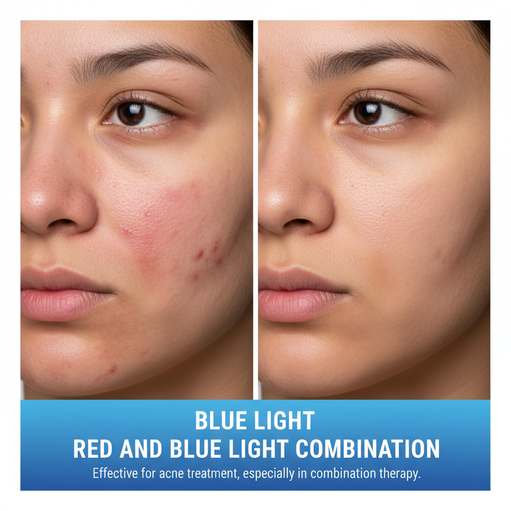 对比图展示了蓝光和红蓝光组合治疗前后痘痘肌肤的改善情况。