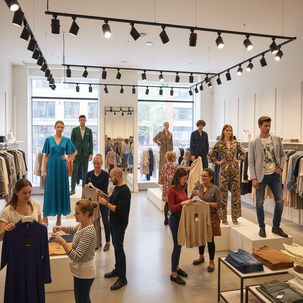 一个服装店的场景,模特身上穿着不同款式的服装,在CRI80轨道射灯的照射下,衣服的颜色显得真实、鲜亮。顾客正在仔细挑选衣服,可以清晰地看到服装的质地和颜色,避免因灯光色差导致的退货问题。画面充满活力。