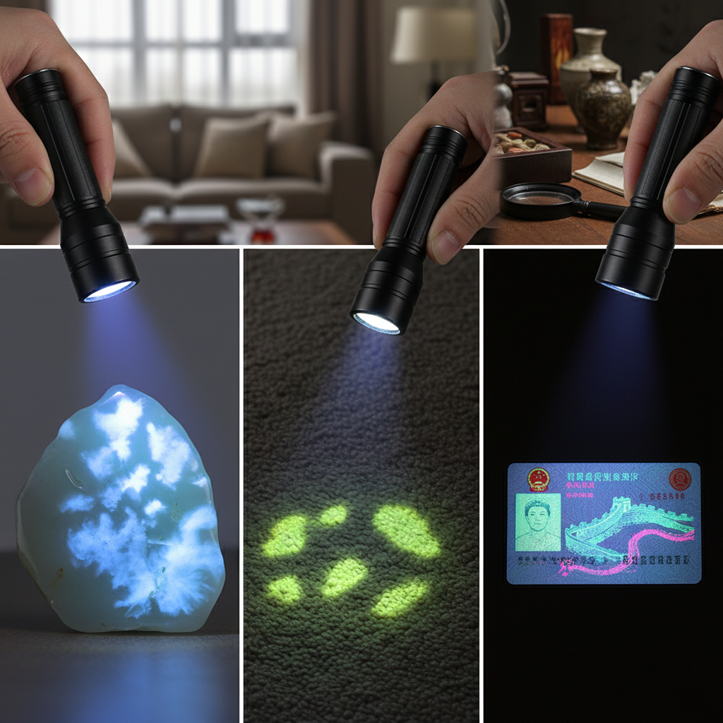 图片展示了紫外线灯在多个场景的应用：左侧照射翡翠显示蓝白色荧光；中间显示宠物尿渍的荧光；右侧照射身份证显示中国长城图案，强调其多功能性。