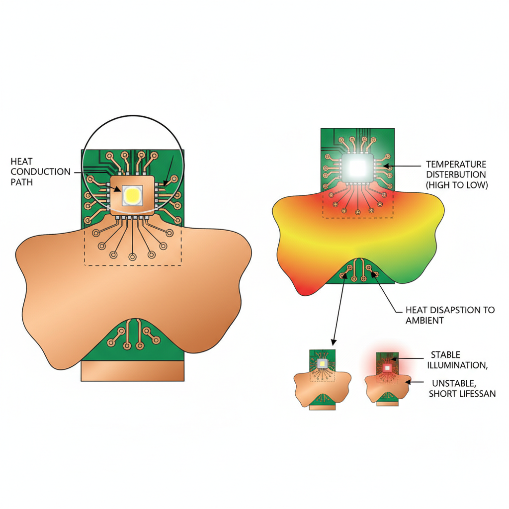 LED灯珠焊接在PCB上的示意图，展示大面积焊盘和散热过孔设计，旁边显示热量传导路径和LED稳定发光效果，强调焊盘设计对LED寿命和光效的关键作用。