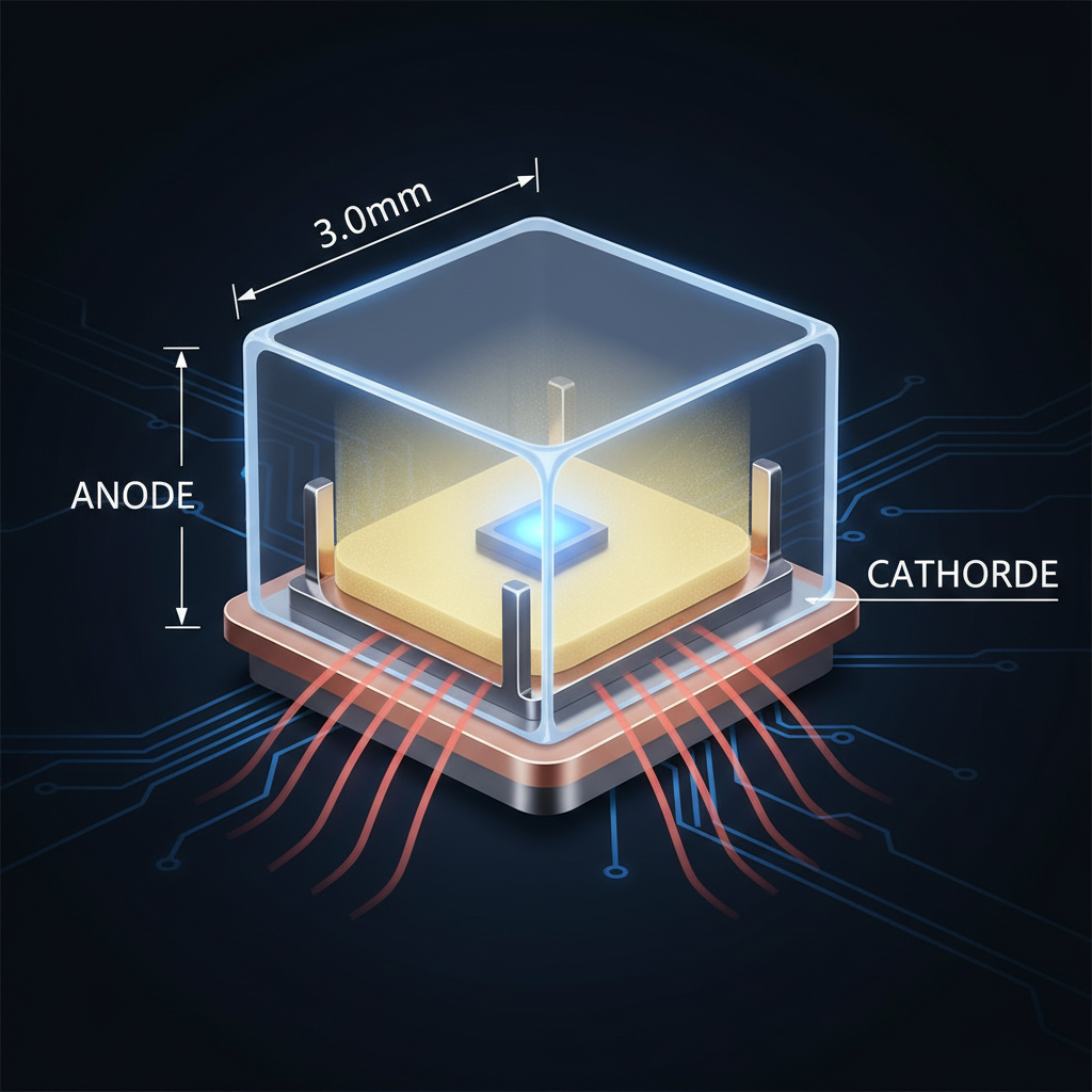 3030灯珠的内部结构与散热原理，展示其方形尺寸、LED芯片、荧光粉层、封装胶、引脚及底部的金属散热焊盘。
