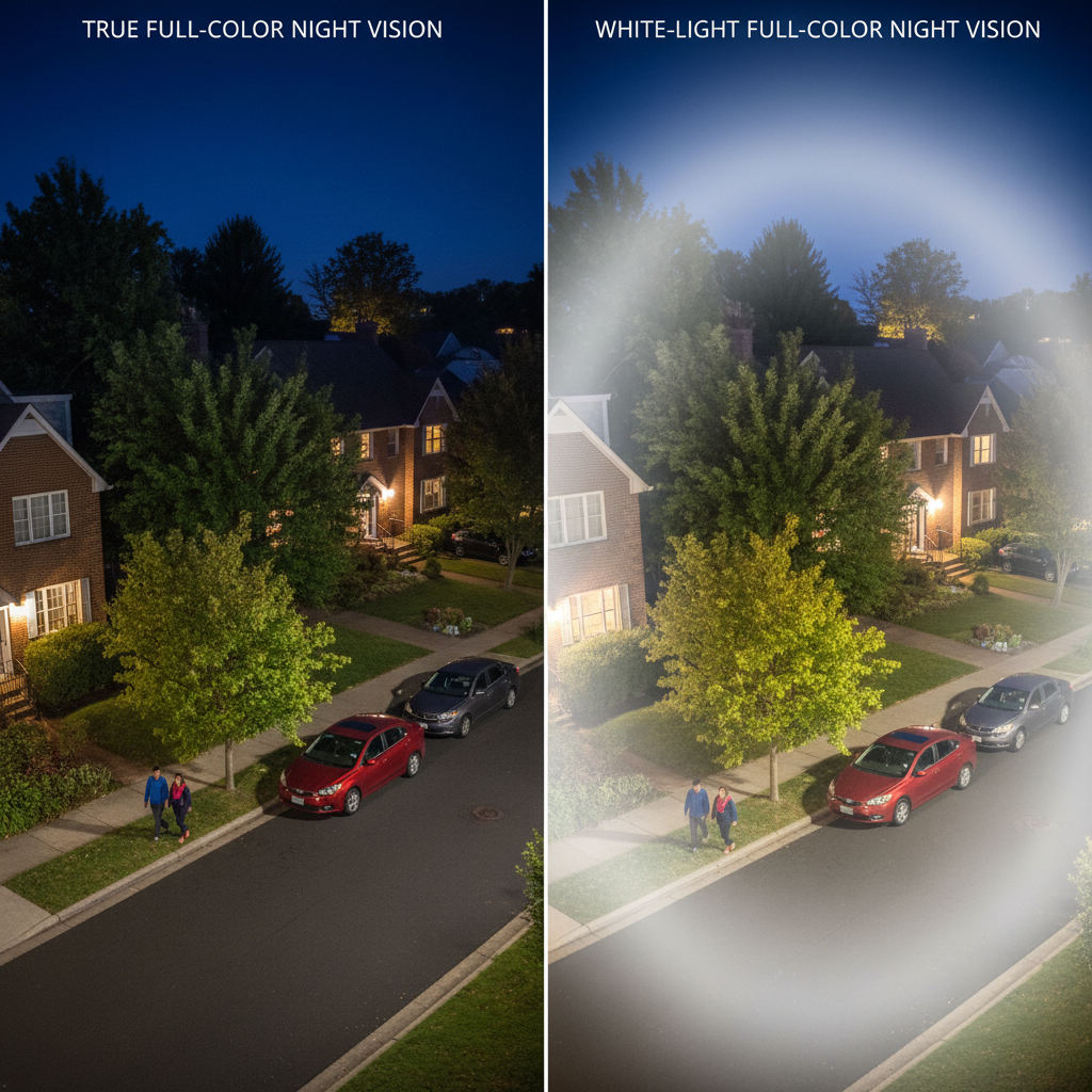 臻全彩与白光全彩夜视监控画面对比：左侧臻全彩画面色彩鲜艳真实，右侧白光全彩画面亮度高但色彩苍白且有白光晕。