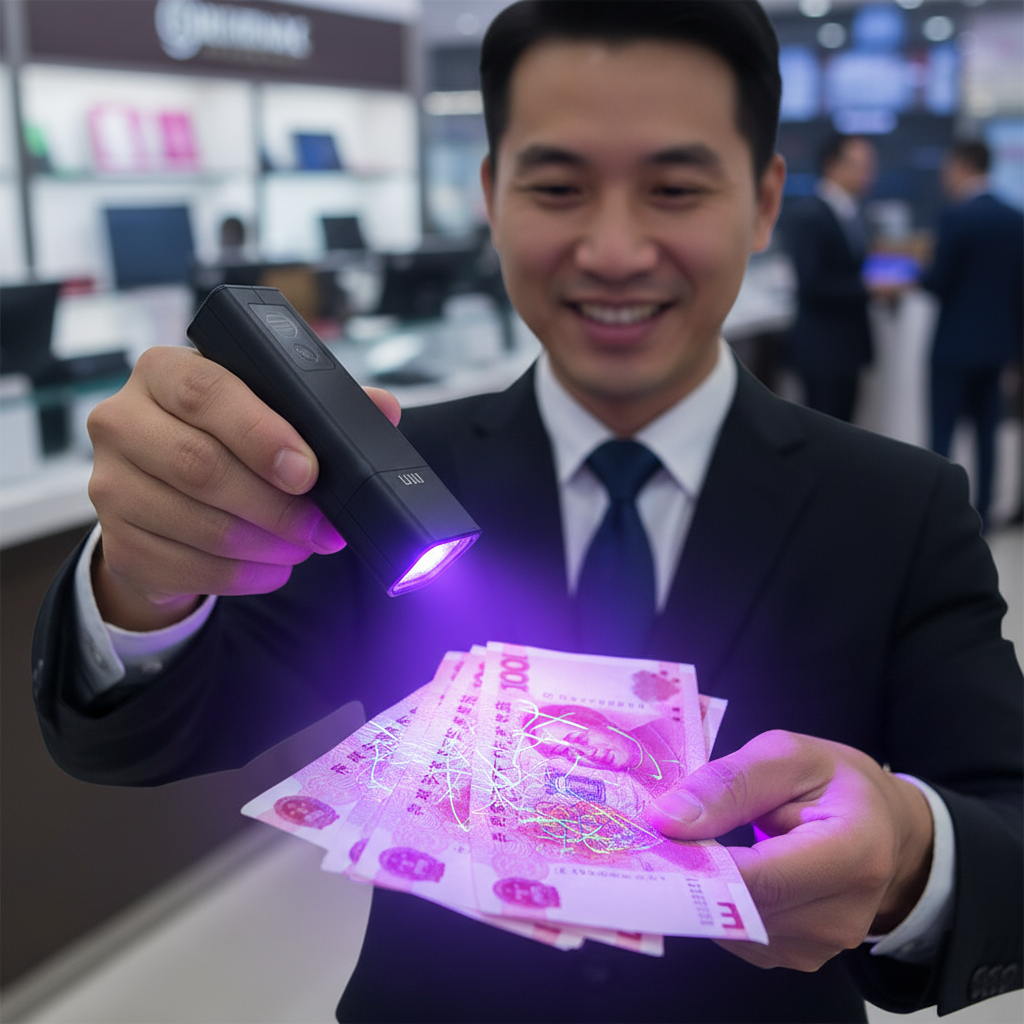 一位面带微笑的商人正在用365nm验钞紫光灯检查人民币，钞票上橘黄色的面额数字和荧光纤维丝清晰可见，展示专业验钞效果。
