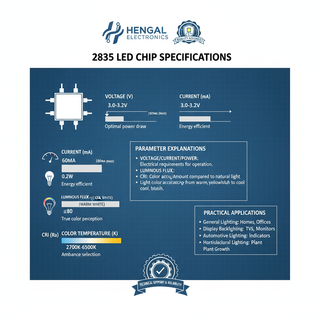 2835灯珠参数规格书解析示意图，展示电压、电流、功率、光通量、显色指数、色温等核心参数的图表和简化图示，配合恒彩电子LOGO与品质承诺，强调专业与技术支持。