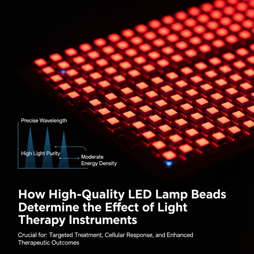 高品质LED灯珠特写,发出明亮均匀光线,旁有文字“高品质LED灯珠如何决定光疗仪效果”,强调其波长精准、能量密度和光纯度对光疗效果的重要性。