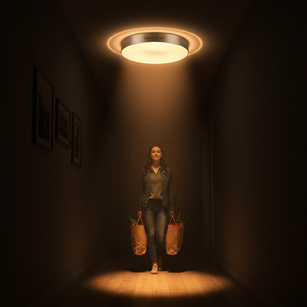 在楼道黑暗中,一个红外感应灯被激活,发出明亮的光芒。一个温馨的场景:一个孩子或提着购物袋的人,在灯光的引导下,轻松地走在楼道里,脸上露出安心的表情。