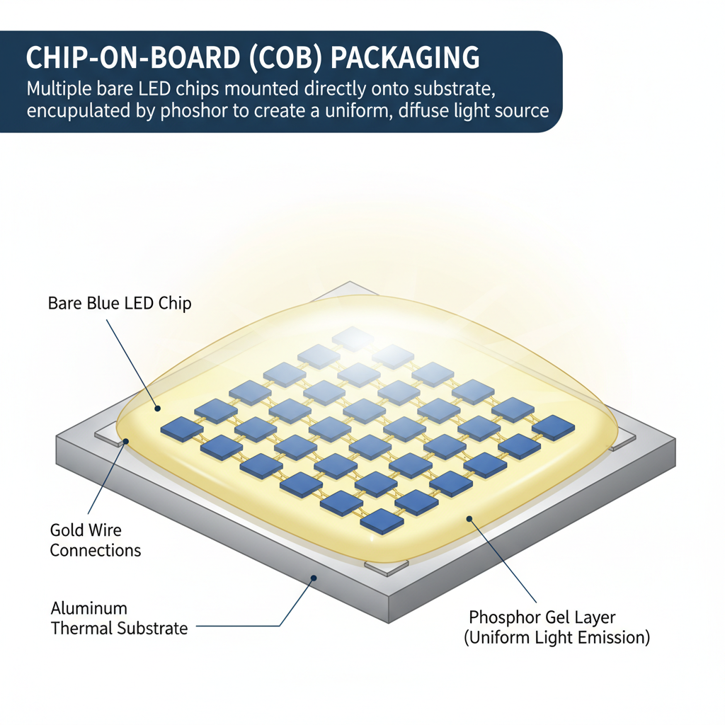COB直视LED的内部结构剖面图,展示LED芯片直接封装在导热基板上,通过荧光胶覆盖形成均匀面光源