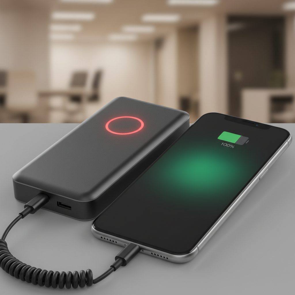 一款现代风格的移动电源正在为智能手机充电,移动电源上醒目的红绿双色LED指示灯,先亮起红色(表示充电中),然后切换成绿色(表示充电完成)。背景模糊,突出产品。
