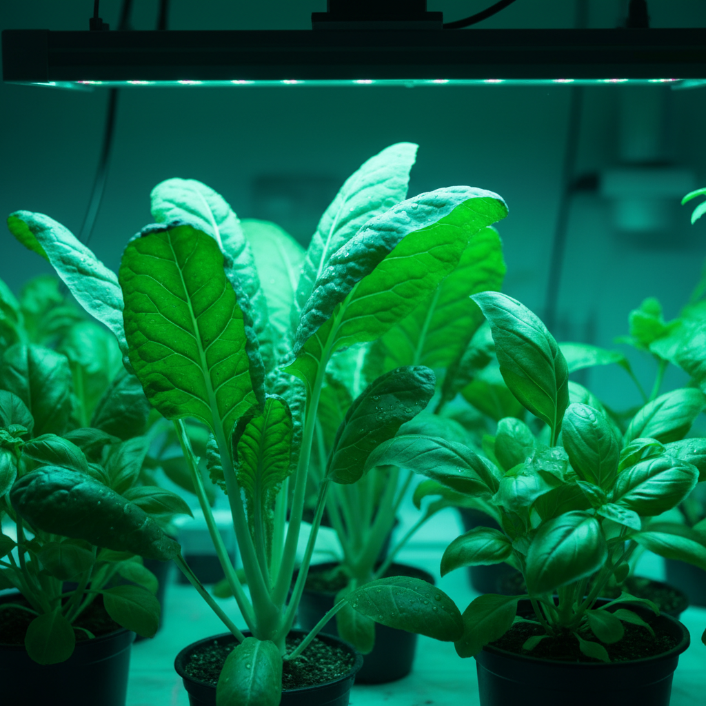 植物生长灯灯具照射下的绿色植物特写，光线以500nm波长青绿色为主。图中可见植物叶片层叠，绿色光穿透上层叶片直达下层，体现绿光穿透能力及促进植物整体生长的优势。画面清新自然，适合突出500nm波长光在农业照明领域的应用价值。