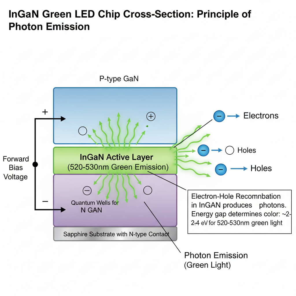 LED芯片的剖面图，展示了P型和N型半导体材料、电子与空穴复合及光子发射过程，强调InGaN材料产生520-530nm绿色光。