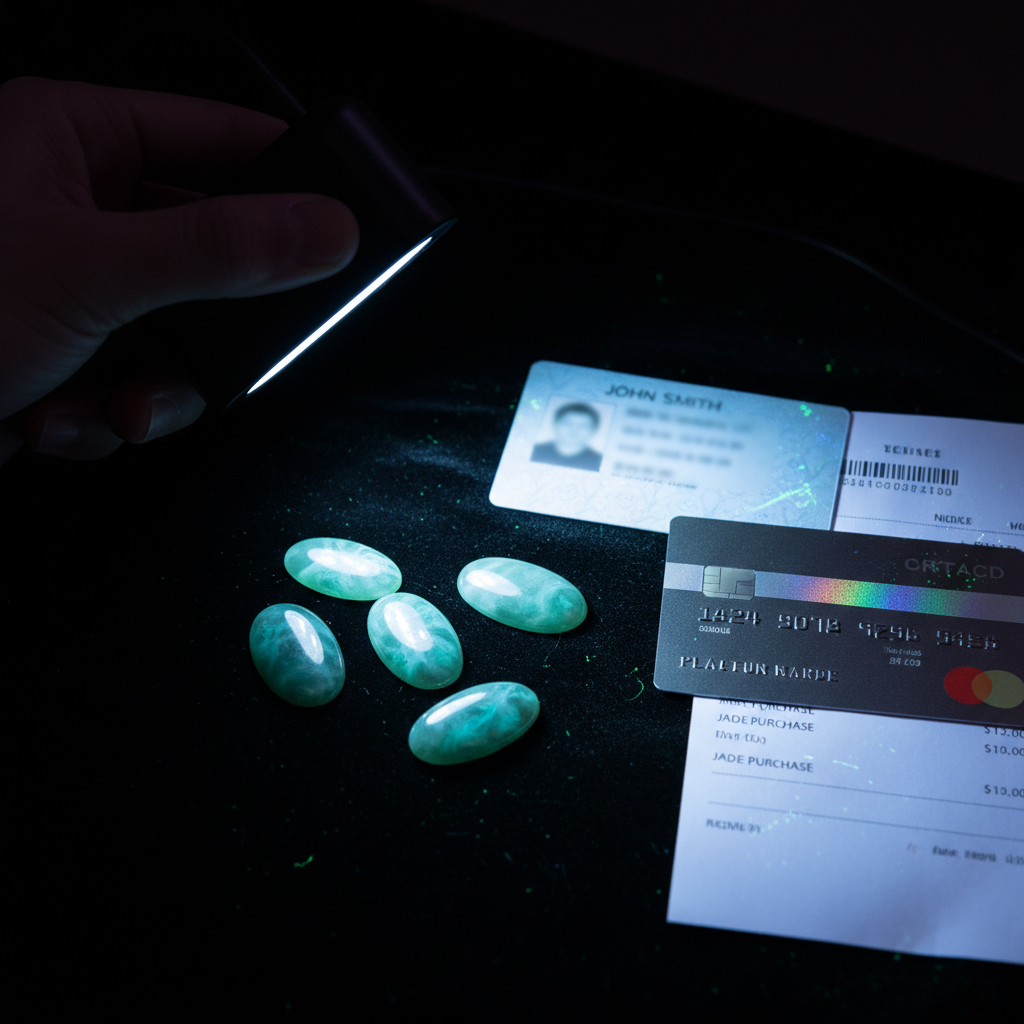 紫光灯照射下,身份证、信用卡和发票均呈现荧光反应,其中翡翠因B货处理而发出蓝绿色荧光。