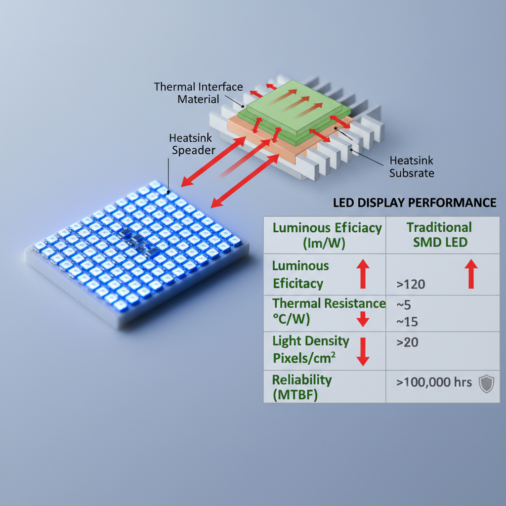 LED芯片特写及其散热路径图,配合COB直视LED与传统SMD LED在发光效果、热阻、光密度和可靠性上的性能对比表格
