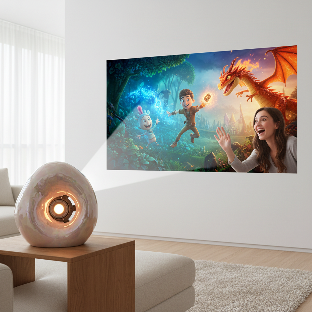 一位观众正兴奋地观看由陶瓷灯珠投影仪投射出的高清电影画面,画面色彩鲜艳,细节丰富。画面旁,一位观众兴奋地伸出手,仿佛要触摸电影中的人物。特写投影仪,清晰地展示陶瓷灯珠的构造和特点,并突出其发光面,强调画质提升和沉浸式体验。