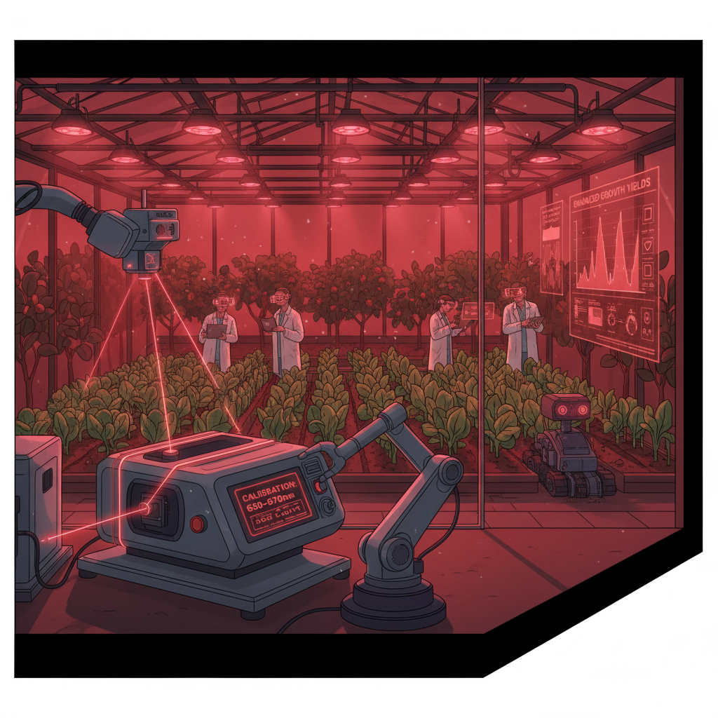 简介红光在工业与农业的应用场景插画。前景为激光校准仪器,背景为农作物温室内使用红光的场景,展示技术的多样性。