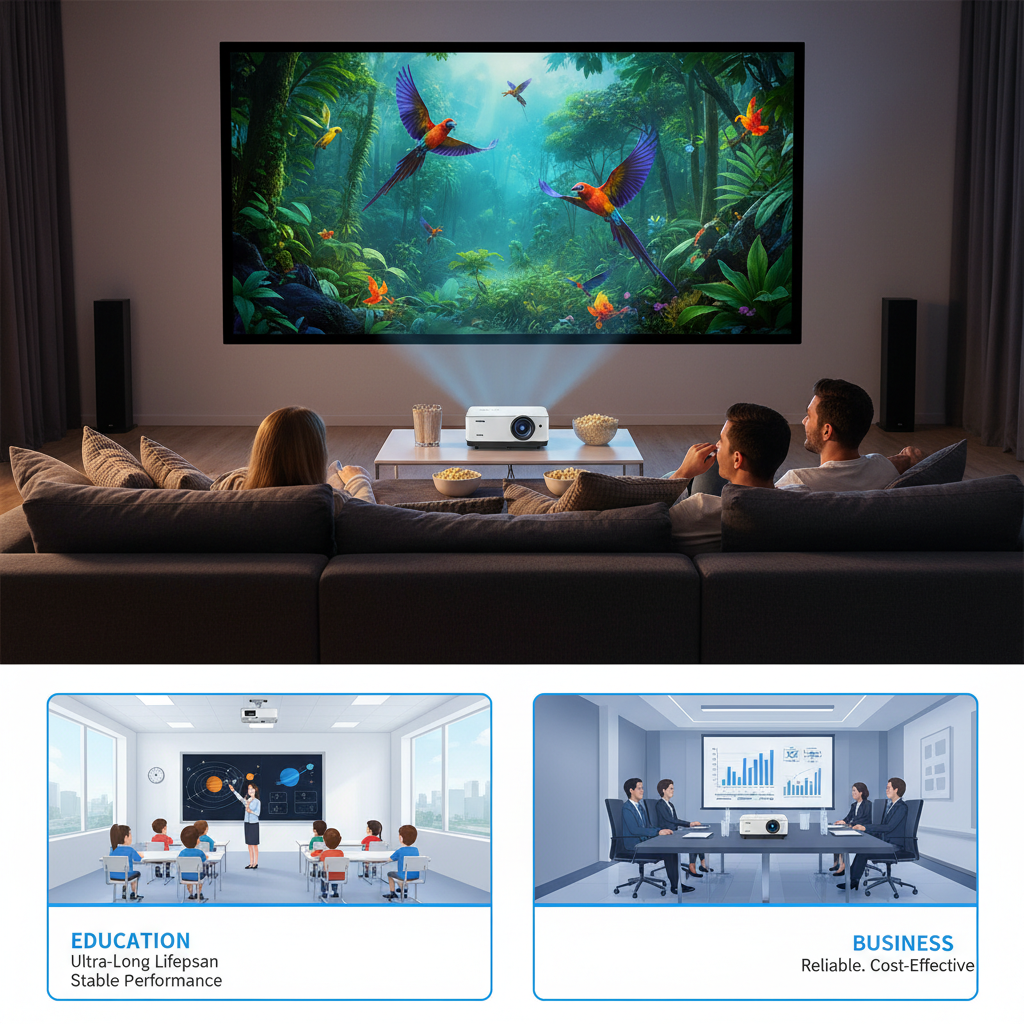 家庭影院场景中,舒适的沙发,暗淡的灯光,墙上是来自陶瓷灯珠投影仪的 4K 电影画面。画面清晰细腻,色彩饱满,对比鲜明。同时,图示在教室、公司会议室的使用场景,突出陶瓷灯珠投影仪在教育和商务领域的应用和优势,比如超长寿命、高稳定性。