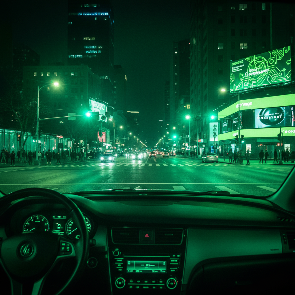 城市夜景中，交通信号灯、大型户外广告牌和汽车仪表盘都发出520-530nm波段的明亮绿光。