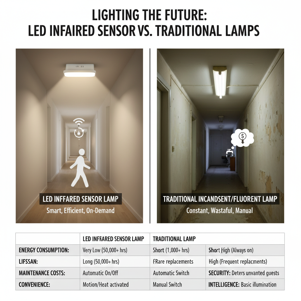 一个对比图,将LED红外感应灯与传统的白炽灯和荧光灯进行对比。画面分为两部分:左侧,LED红外感应灯安装在楼道中,灯光柔和、节能,并且自动点亮。右侧,传统的白炽灯或荧光灯一直亮着,造成能源浪费。下方列出能耗、寿命、维护成本、便利性、安全性和智能化方面的具体对比。