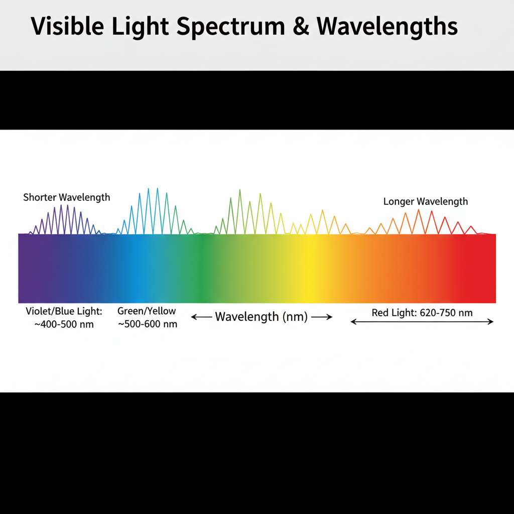 插画展示可见光谱中红光的波长范围,620-750nm和其他颜色的比较。显示红光与紫光、蓝光、绿光等的序列与波长长度差异。