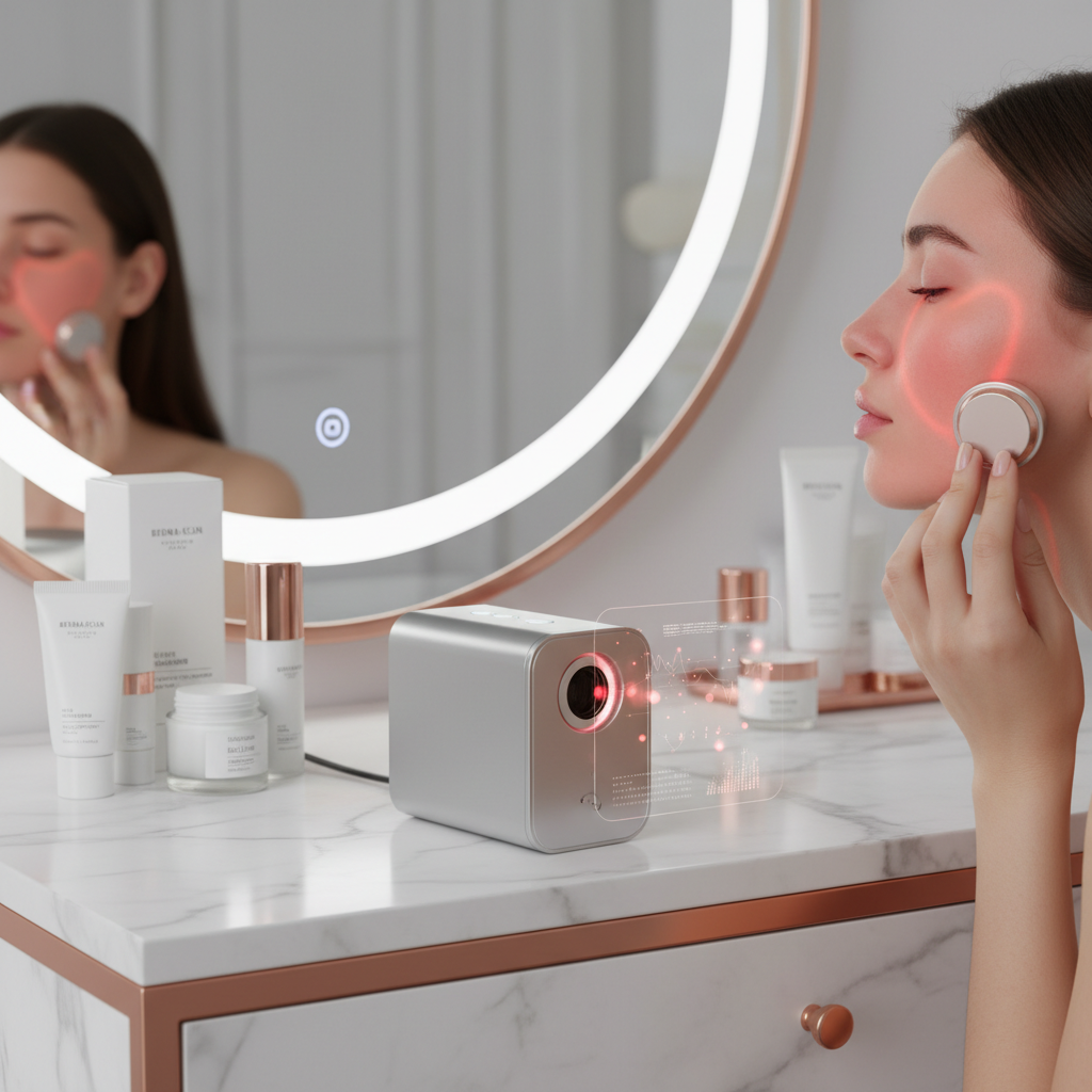 一张家用光谱仪的照片,置于现代梳妆台上,发出红光照亮使用者脸部,展现日常护肤与科技结合。